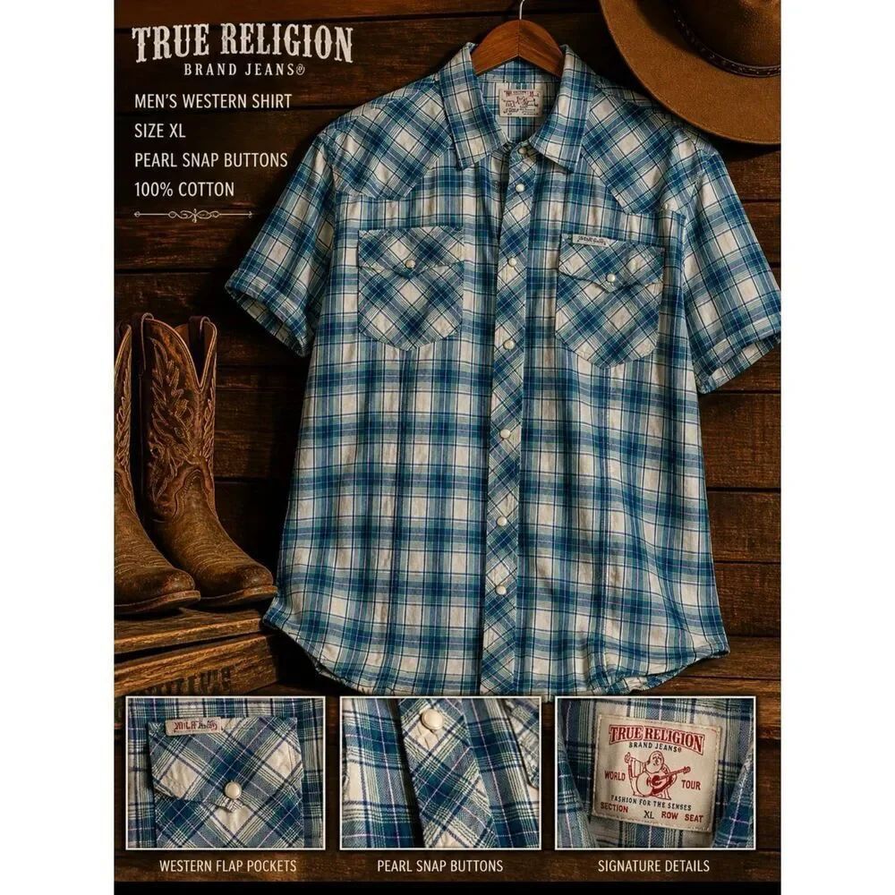True Religion Men’s XL Blue Plaid Western Pearl Snap Shirt Short Sleeve Button U